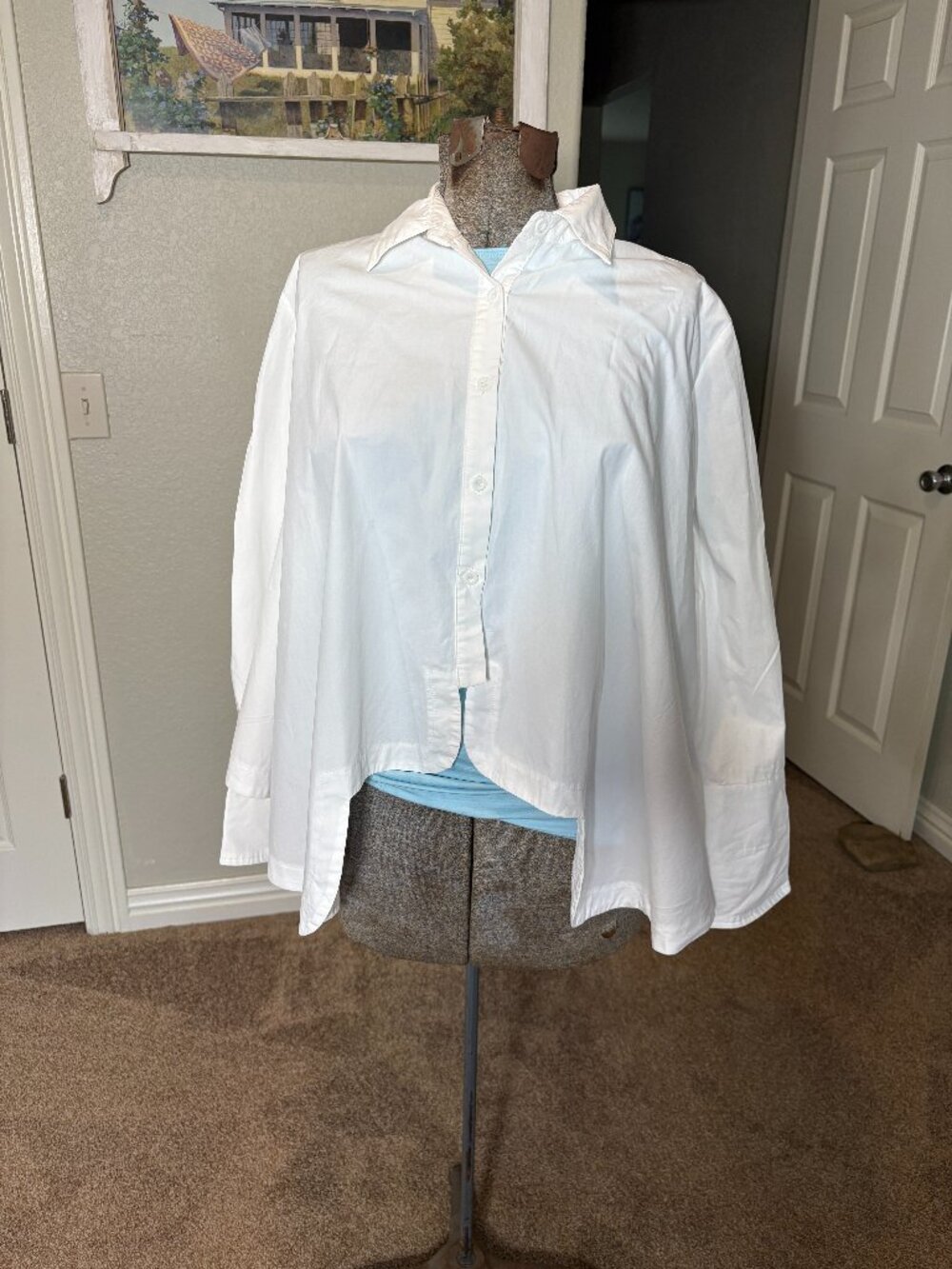 Designer Beulah Style Crop Button Down Billowy Blouse White M/L